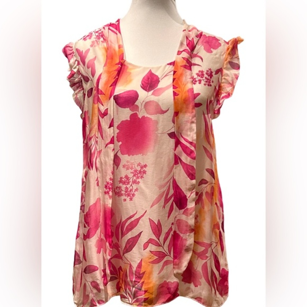 Bellambria Made in Italy Silk Blend Floral Blouse Pink Orange Ruffle Sleeve S
